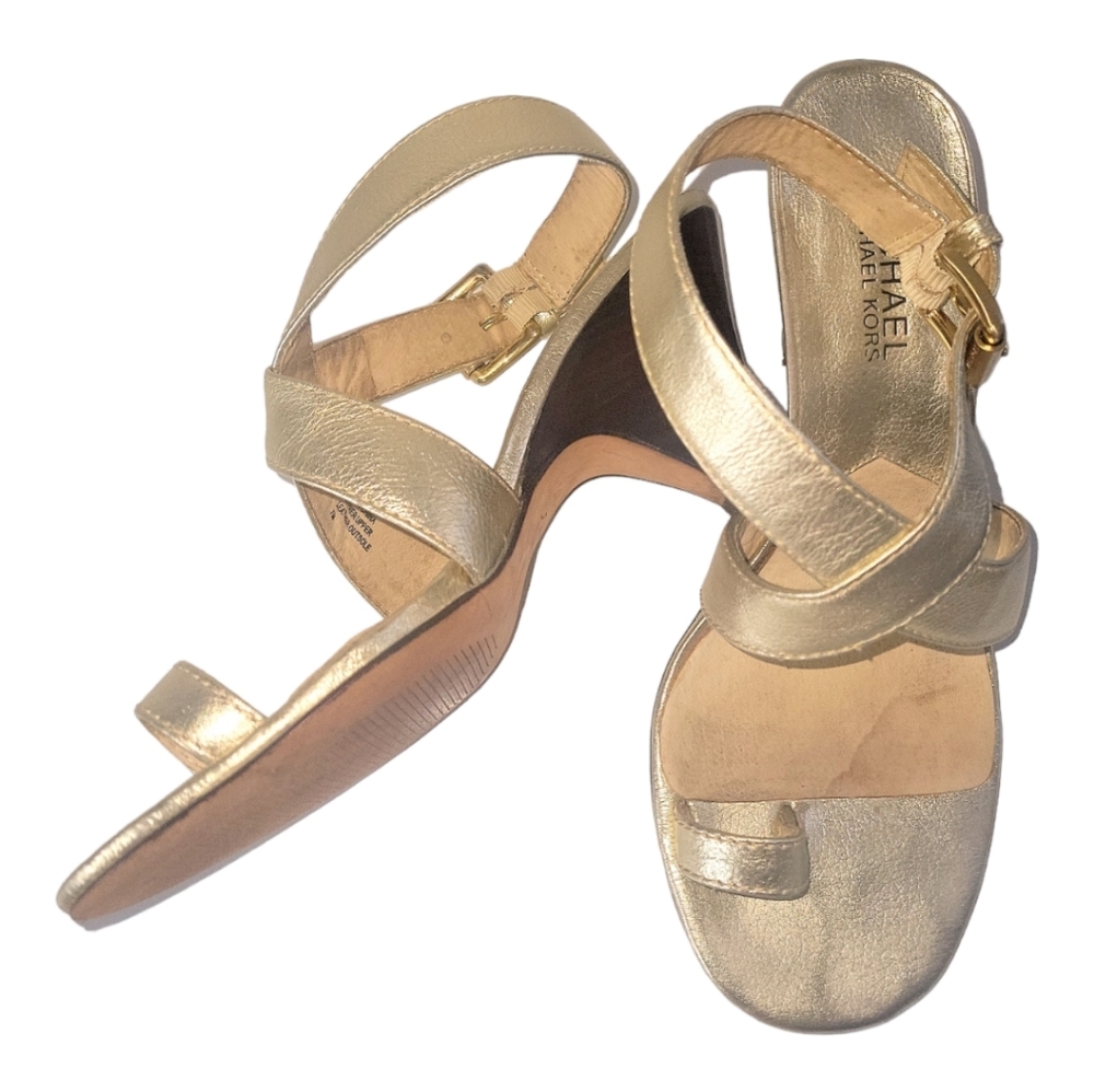 Michael Kors Metallic Gold Leather Criss-cross Buckle Closure Toe Ring Heels 7